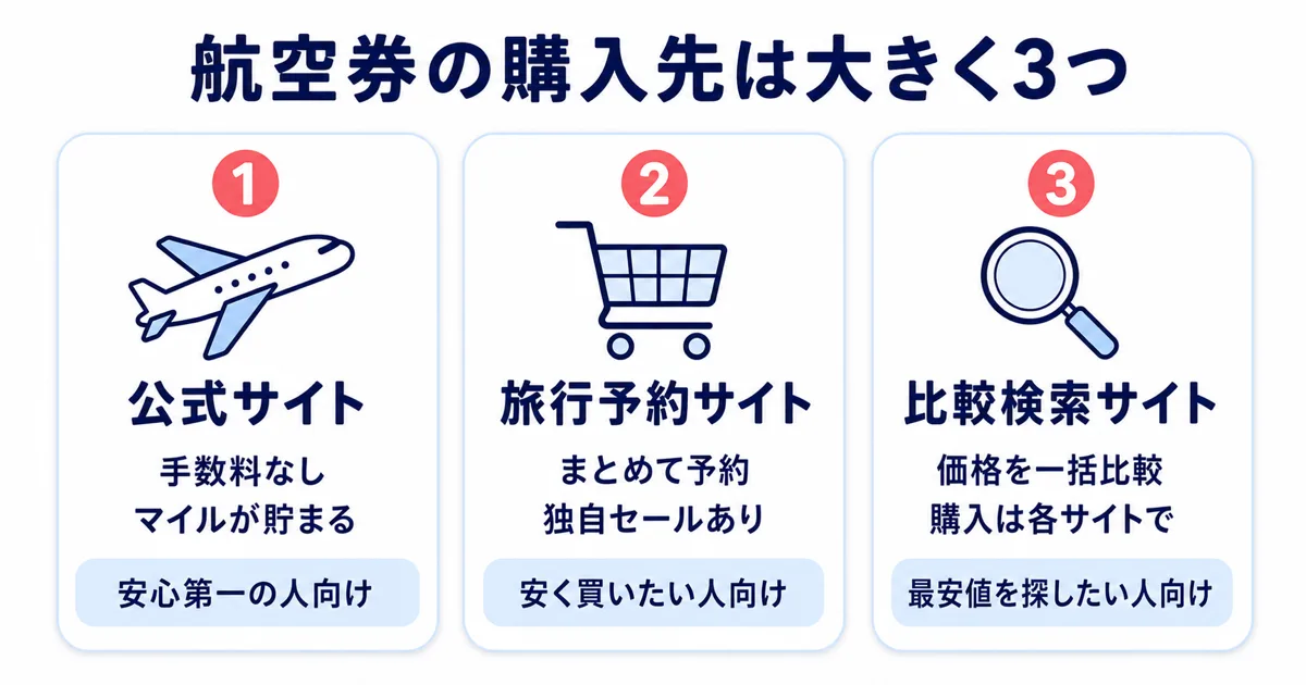航空券の購入先は大きく3つの図解