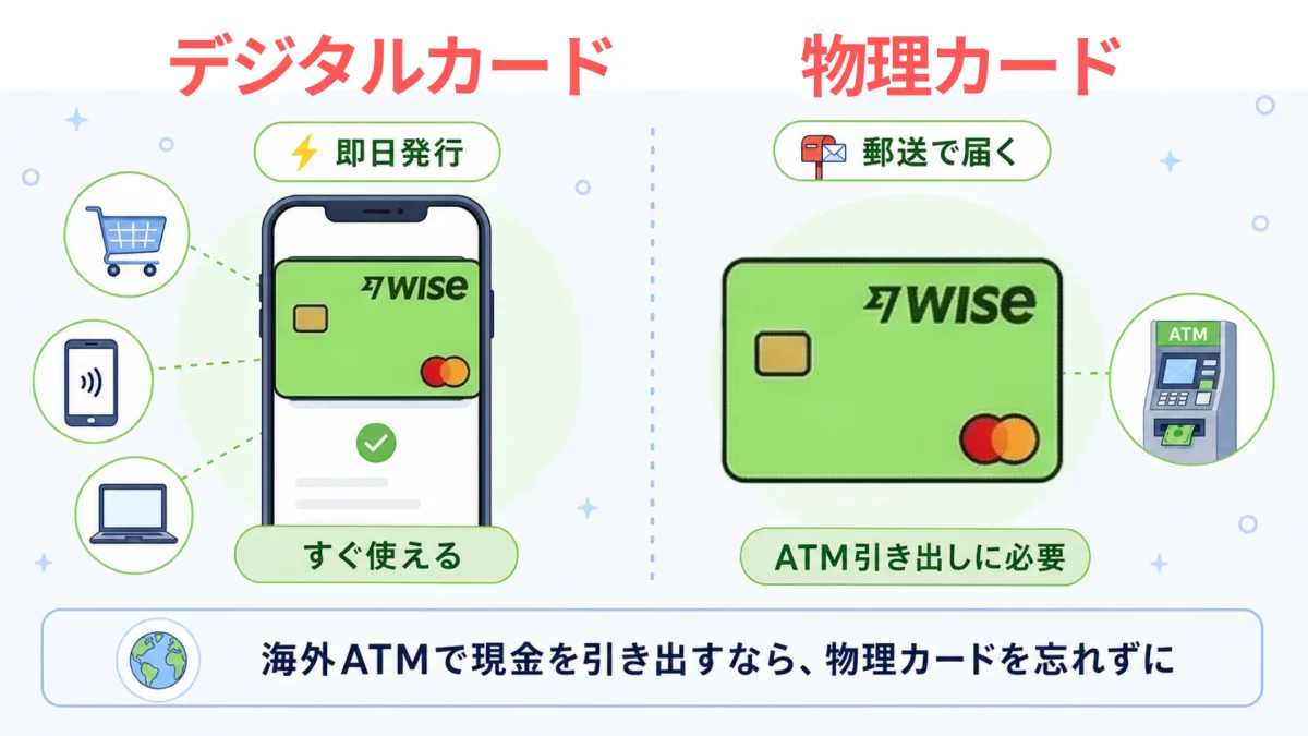 Wiseのデジタルカードと物理カードの違い（デジタルは即日発行ですぐ使える・物理カードは郵送で届きATM引き出しに必要）